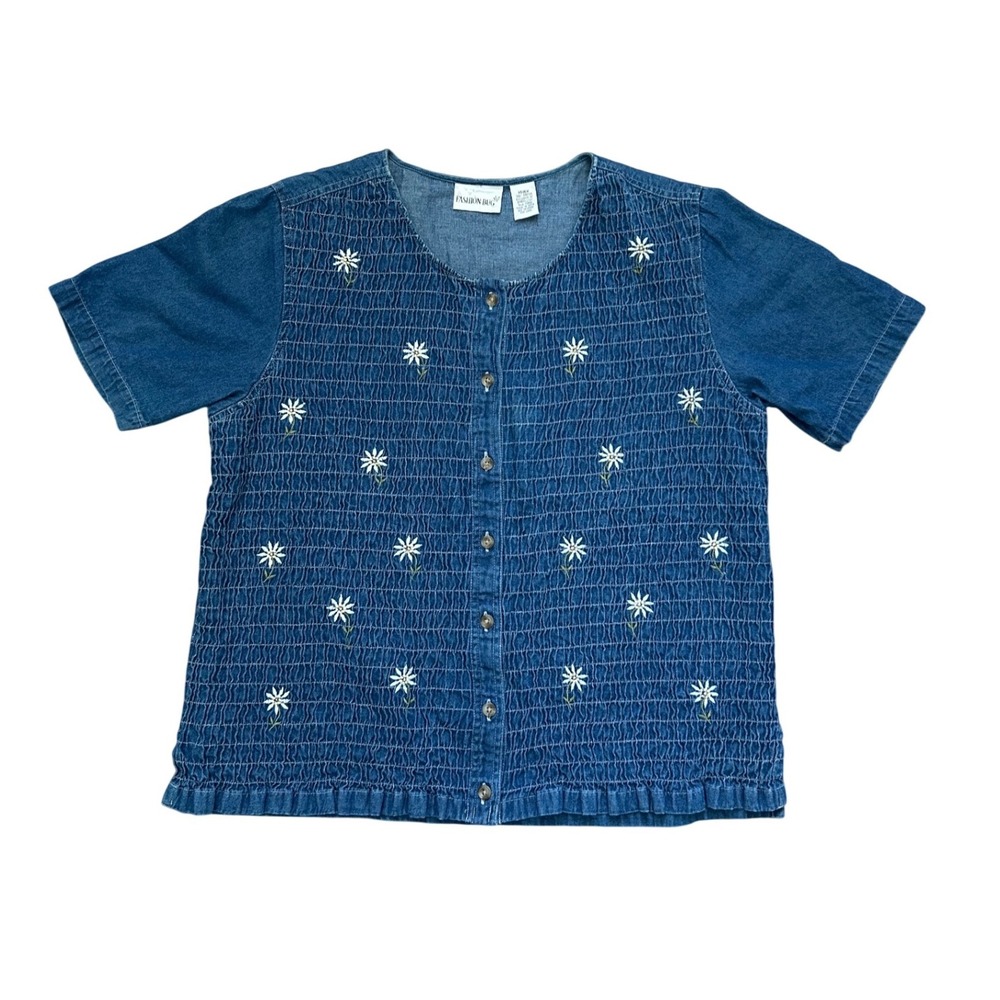 Vintage Denim Smock Top Daisy Embroidered Blue Cotton 14/16W Cottage grannycore